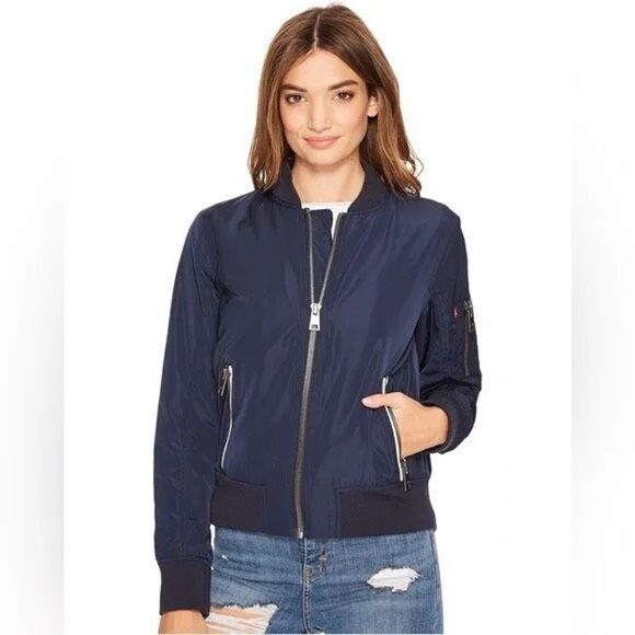 Levi's Iconic Bomber Flight Jacket Water Resistant Nylon Zips Navy Small - Picture 16 of 16